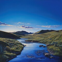 Serene landscape featuring a calm river flowing through a valley under a vibrant blue sky.