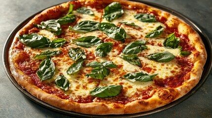 Freshly Baked Pizza with Mozzarella and Basil Leaves on Top
