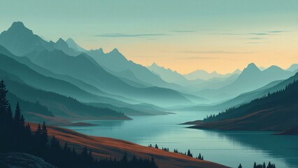 Serene Mountain Lake Landscape, AI Generated Art