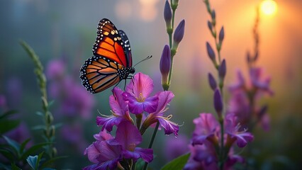 Obraz premium Monarch Butterfly on Purple Flowers at Sunset Sunrise Nature