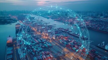 Global Trade Networks: A globe encircled by pulsating lines connecting major ports and cities, depicting the vastness and connectivity of international trade