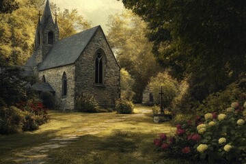 Fototapeta premium Stone chapel, leafy path, lush garden, tranquil scene.