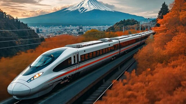 This sleek train glides past colorful fall trees with Mount Fuji in the background.