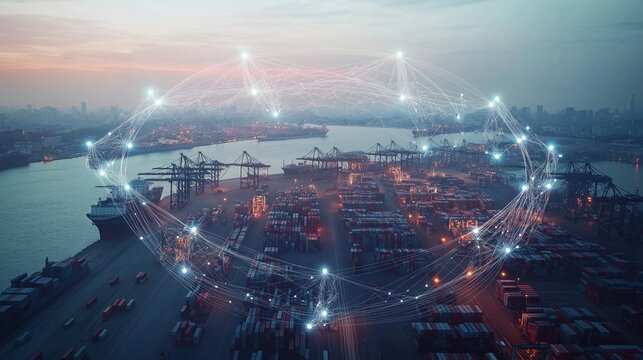 Global Trade Networks: A globe encircled by pulsating lines connecting major ports and cities, depicting the vastness and connectivity of international trade