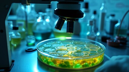 Microscope Over Petri Dish with Green Liquid Culture Science Experiment