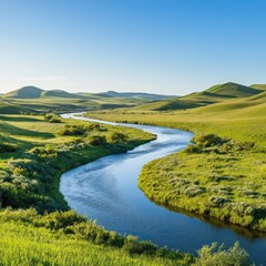 Obraz premium Serpentine river meandering through lush green valley under a clear blue sky.