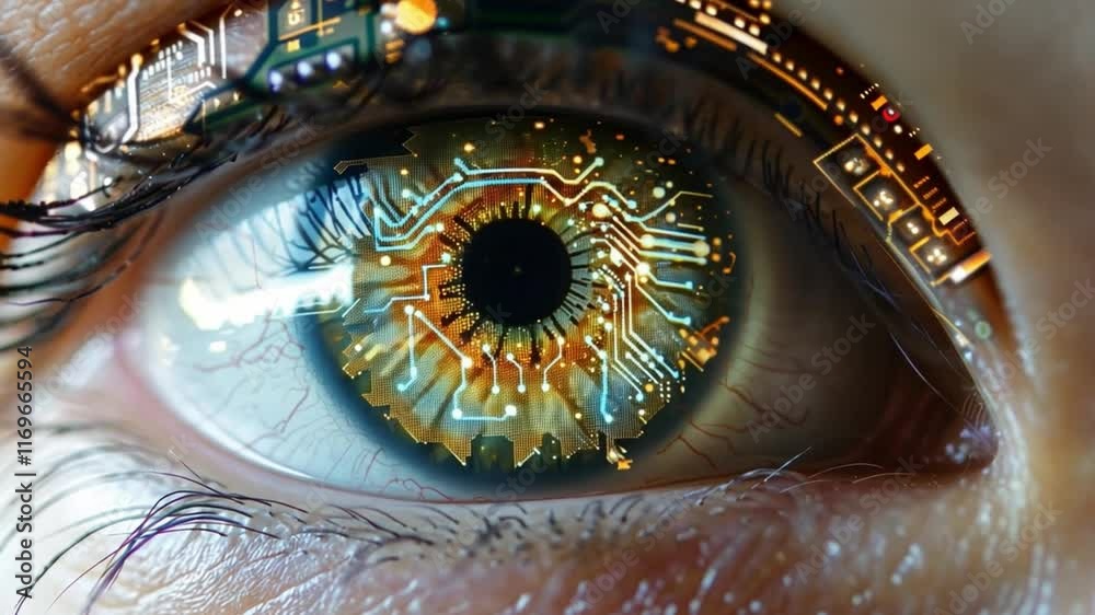Aufkleber A close-up view reveals a human eye integrated with digital circuits and glowing patterns, representing the fusion of technology and humanity.