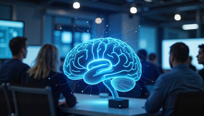 Abstract brain visualization in high-tech meeting room, virtual brainstorming