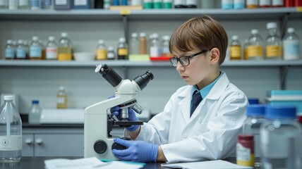 A young boy in a lab coat and glasses, exploring science with a microscope and instruments in a laboratory setting