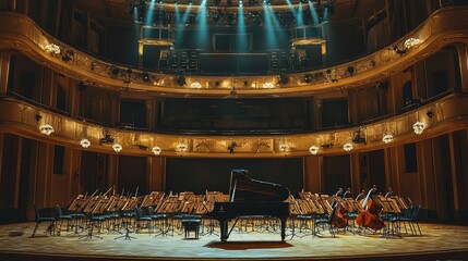 Obraz premium Grand Concert Hall with Orchestra Setup and Grand Piano on Stage