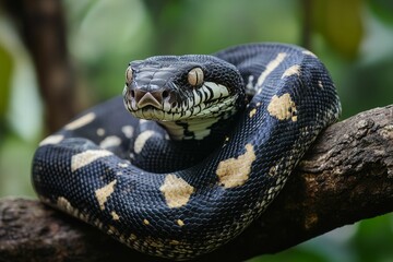 Fototapeta premium Coiled black snake with yellow markings on a branch.