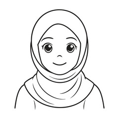 Cute muslim girl in hijab black line art illustration.