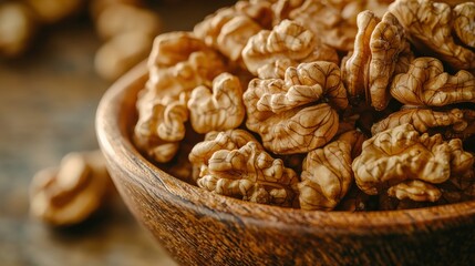 Obraz premium Close-Up of Fresh Walnuts in Wooden Bowl