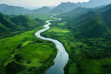 Fototapeta premium Serpentine river flows through lush green valley.