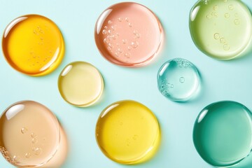 Swatches of various liquid oils display glossy textures and bubbles, highlighting their colors