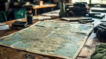 Vintage Map on Wooden Table Surrounded by Travel Essentials