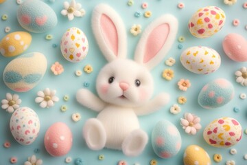 Obraz premium Cute felt Easter eggs surround an adorable bunny on a light pastel backdrop perfect for spring