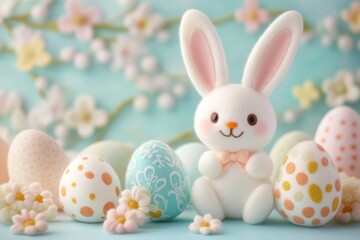 Felt Easter eggs and a charming bunny are beautifully displayed against a pastel backdrop. Easter banner with copyspace, greeting card