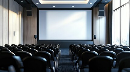 Modern Conference Room with Empty Chairs and Projection Screen