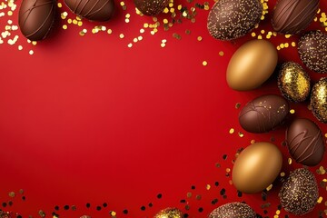 Obraz premium Colorful Easter border frame showcases chocolate eggs and pralines against a festive red backdrop. Easter banner with copyspace, greeting card