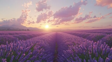 Fototapeta premium Serene Lavender Fields at Sunset with Colorful Cloudy Sky