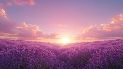 Serene Lavender Field Under a Vibrant Sunset Sky with Clouds