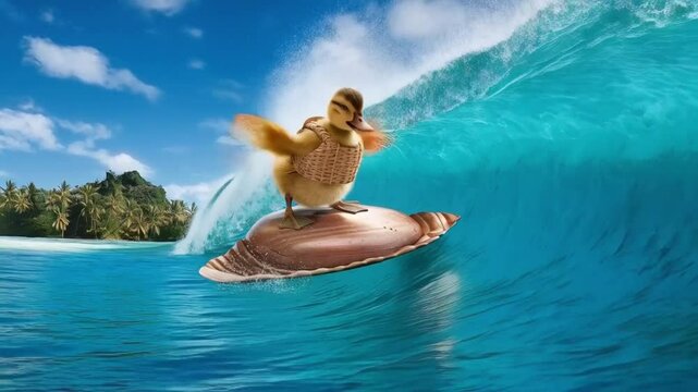 Duckling Surfs on a Turtle's Shell in Tropical Waves Under a Sunny Sky