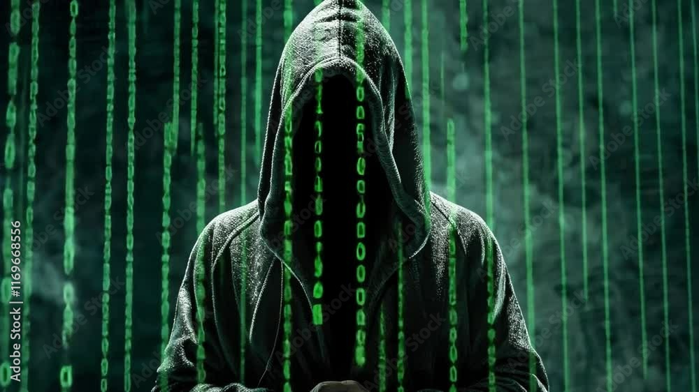 Poster A cloaked figure stands shrouded in darkness, surrounded by cascading green binary code. The atmosphere is enigmatic, suggesting a connection to technology and secrecy.