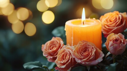 Warm Candlelight with Fresh Roses Bouquet