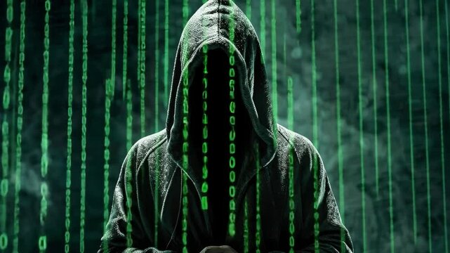 A cloaked figure stands shrouded in darkness, surrounded by cascading green binary code. The atmosphere is enigmatic, suggesting a connection to technology and secrecy.