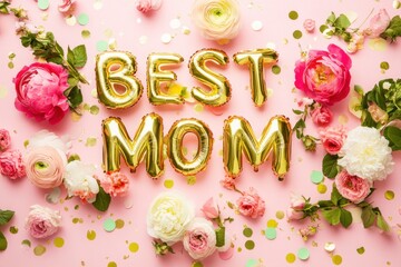 Golden foil balloons spell best mom, adorned with colorful flowers on a pastel pink background