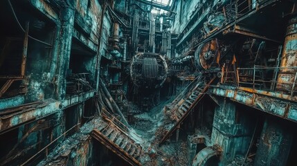 Obraz premium Abandoned Industrial Complex with Rusty Machinery and Decay
