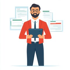 Professional businessman holding a tablet while smiling, surrounded by colorful documents and papers in a modern office setting, representing efficiency and digital communication