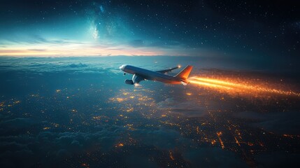 Fototapeta premium Airplane Flying Above City Lights with Stars in Night Sky