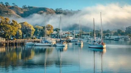Serene Morning Harbor Scene with Sailboats and Foggy Background
