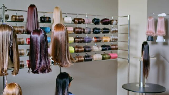 Beauty salon showcasing a variety of hair extension color samples, highlighting different shades and textures.