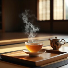 Delicada taza de té humeante sobre una bandeja de madera con una tetera en un ambiente tranquilo y tradicional japonés, evocando una sensación de paz, serenidad y la cultura del té
