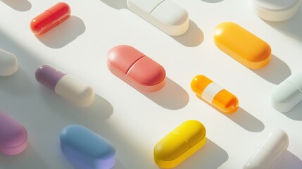 Colorful capsules and tablets arranged on white background, illuminated by sunlight.