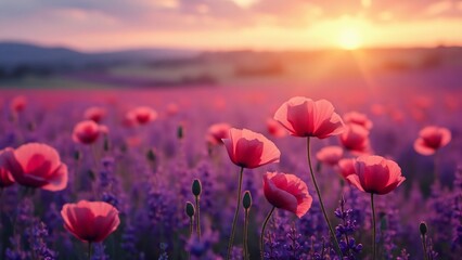 Fototapeta premium Vibrant Poppy Field at Sunset Sunrise Landscape
