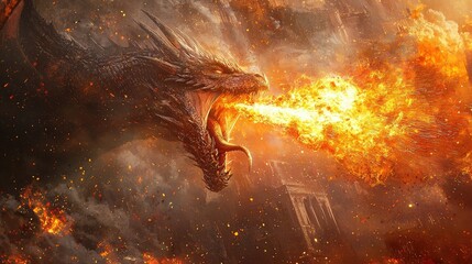 Fototapeta premium Fierce Dragon Breathing Fire Against a Fiery Sky Background