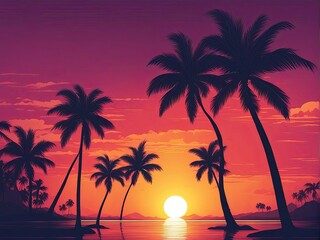 Obraz premium Mesmerizing sunset over coastal landscape, vibrant colors blending into serene sky, silhouettes of palm trees creating inviting atmosphere, perfect for inspiring wanderlust and adventure.