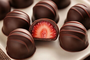 Dark chocolate truffles on a plate, one cut open to reveal inviting strawberry filling
