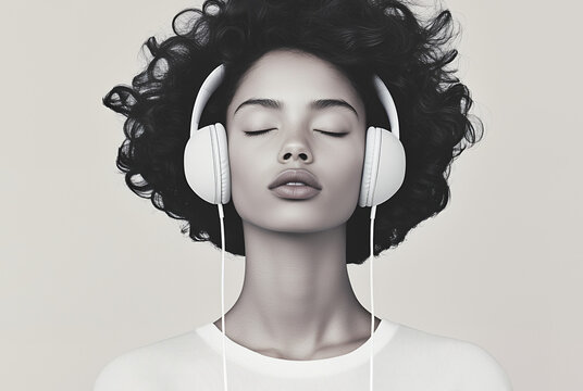 A serene scene of a young woman wearing headphones, listening to music, and enjoying a moment of relaxation.