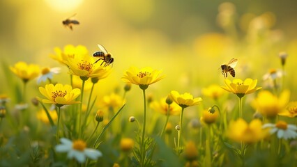 Fototapeta premium Stunning Bees Pollinating Yellow Flowers in Sunny Meadow