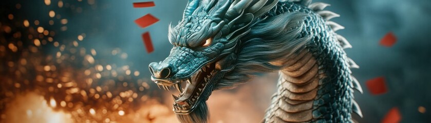 Fototapeta premium Majestic Dragon with Fiery Eyes Roaring Amidst Explosions and Floating Red Fragments in a Dark, Mysterious Environment