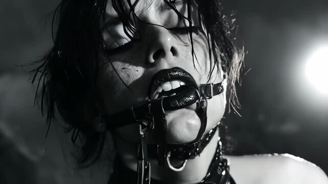 BDSM games, girl with gag in mouth, wearing leather collar and chain on neck, domination role playing games and fetish violence concept