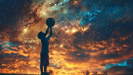 In a breathtaking moment, a child stands silhouetted against a spectacular cosmic display, lifting a basketball high. The sky is alive with swirling galaxies and brilliant colors as the sun sets. - Powered by Adobe