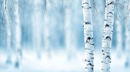 Fototapeta premium A snowy forest with two white birch trees, their branches and ground covered in snowflakes