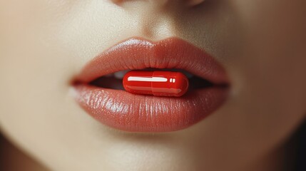 Close-Up of Woman with Red Capsule