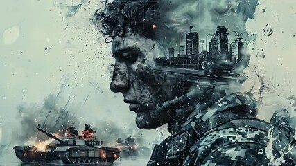 Video of soldier's face profile blends with war scenes, including burning tanks, on a light, abstract background. Concept of war and reflection